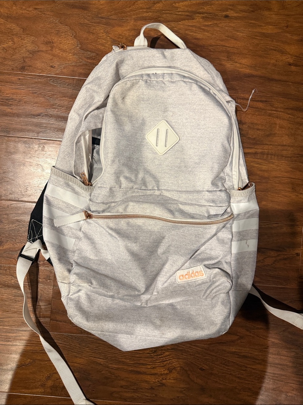 adidas Light Gray and White Backpack with Rose Gold Accents